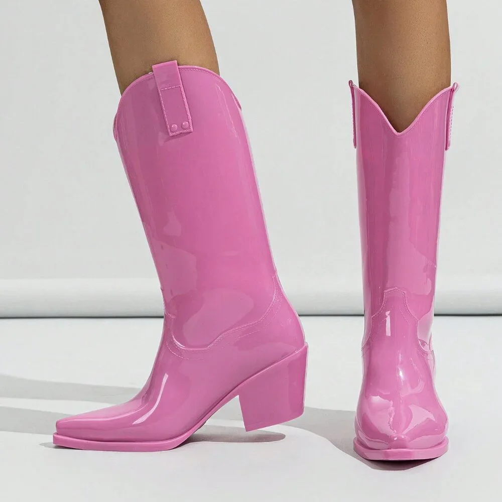 Glossy Pink Outdoor Women's Rain Boots
